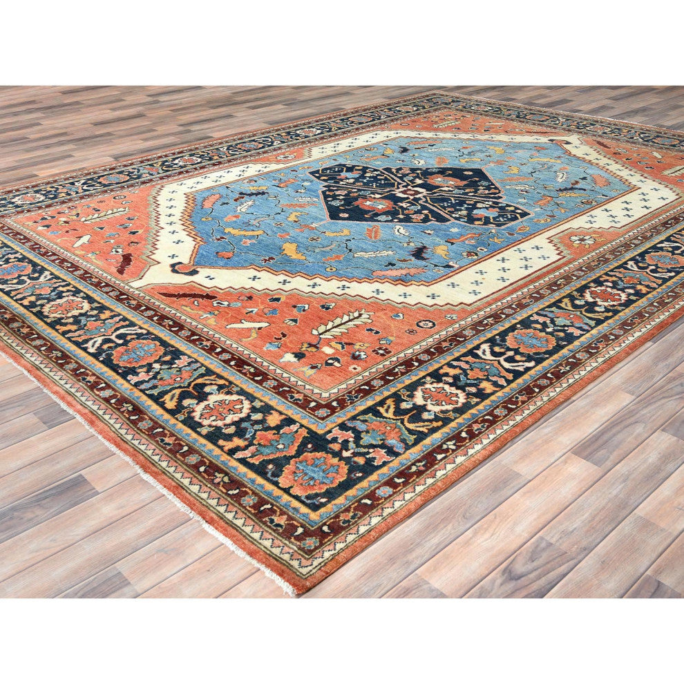 Light Blue Soft Wool Hand Knotted Serapi Heriz Design Rug, 9'0"x11'10"
