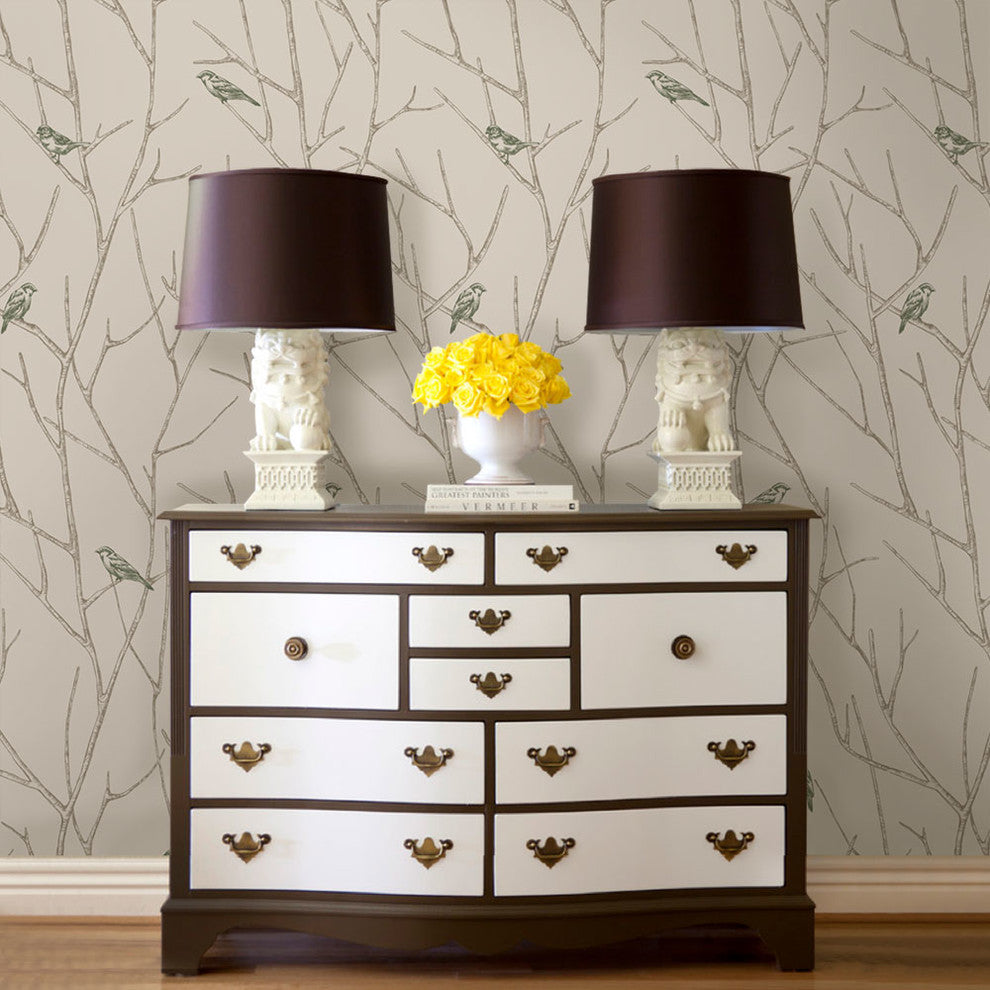 Branch Birds Peel and Stick Vinyl Wallpaper, Green, 24"w X 60"h