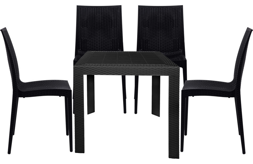 LeisureMod Mace Mid-Century 5-Piece Outdoor Patio Dining Set, Black