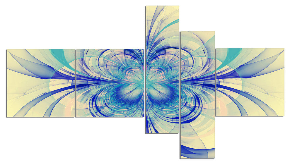 Blue Fractal Flower Pattern, Floral Art Canvas Print, 60"x32", 5 panels