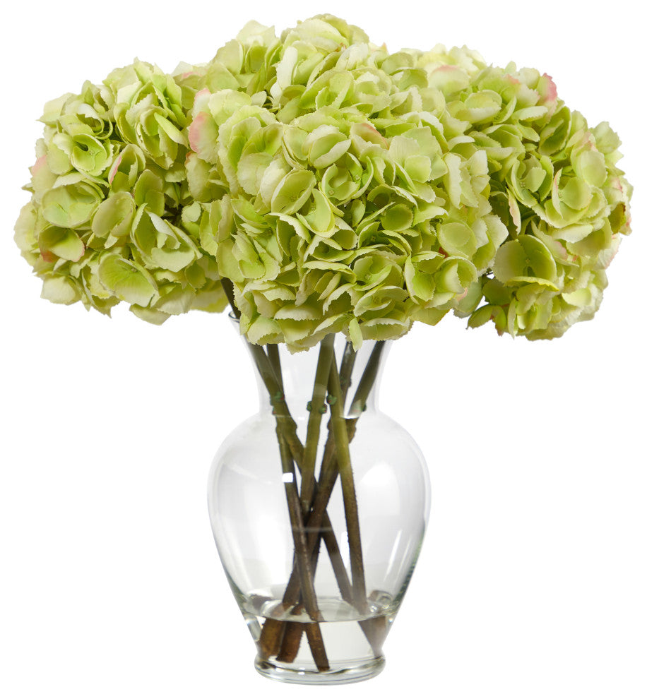 18" Hydrangea Artificial Arrangement, Glass Vase