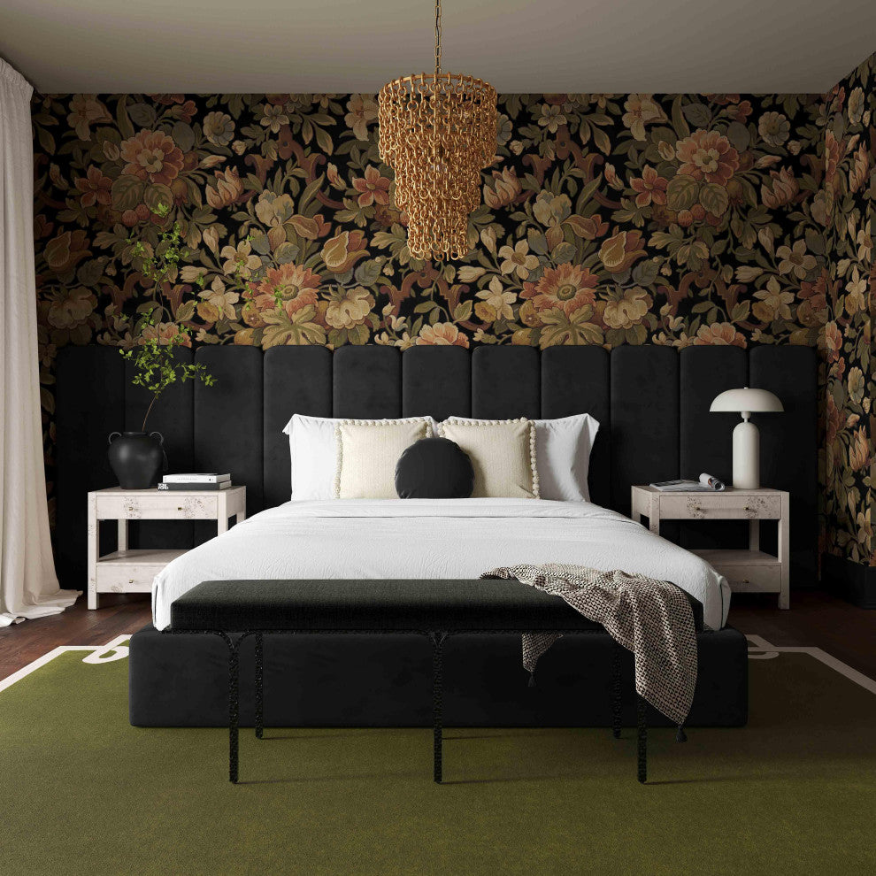 Palani Black Velvet Queen Bed with Wings - Black
