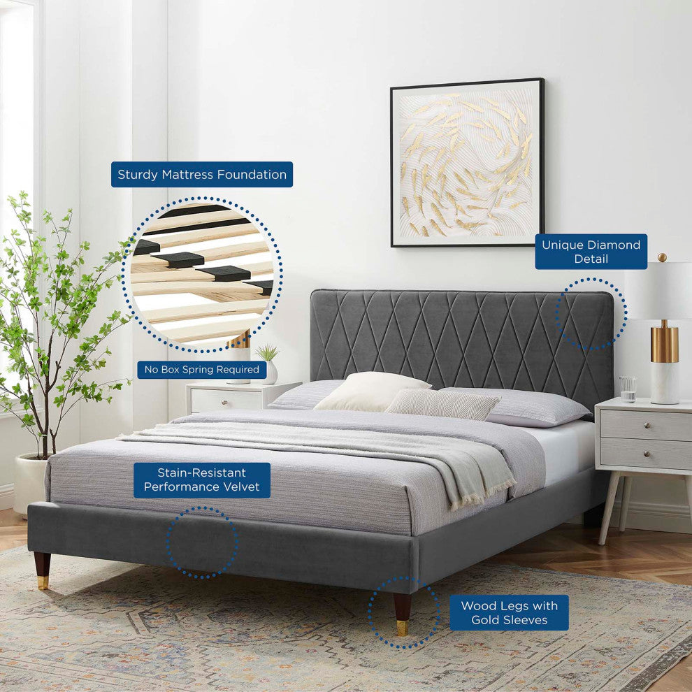 Platform Bed Frame, Queen Size, Velvet, Dark Gray, Modern Contemporary