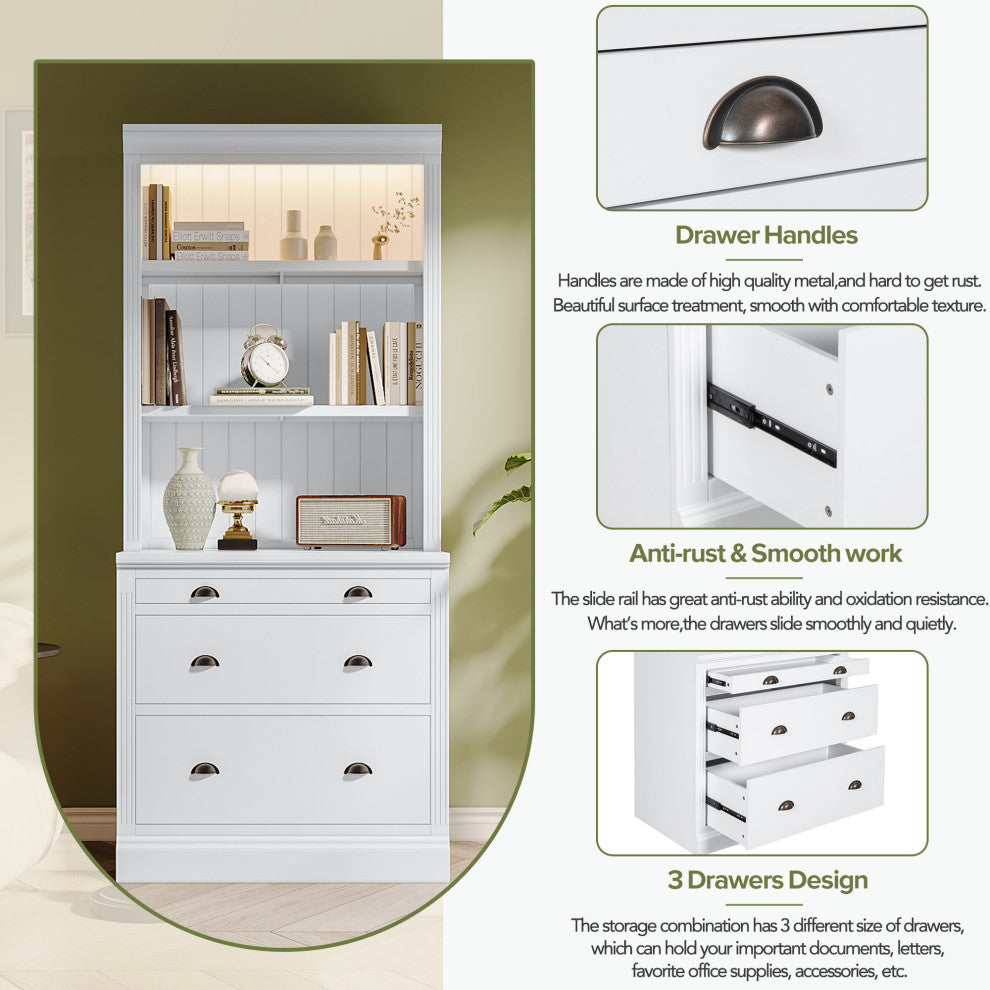 Modern Tall Bookshelf, LED Lighting for Living Room, White