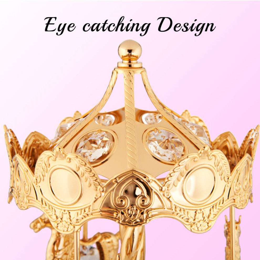 24K Gold Plated Music Box With Crystal Studded Carousel Horse Figurine