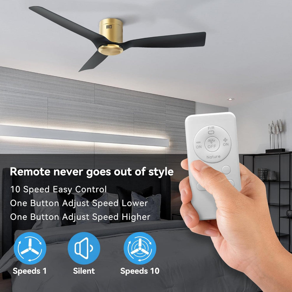 CARRO 52" 3 Blades Flush Mount Ceiling Fan with Remote Control No Light, Black/Gold