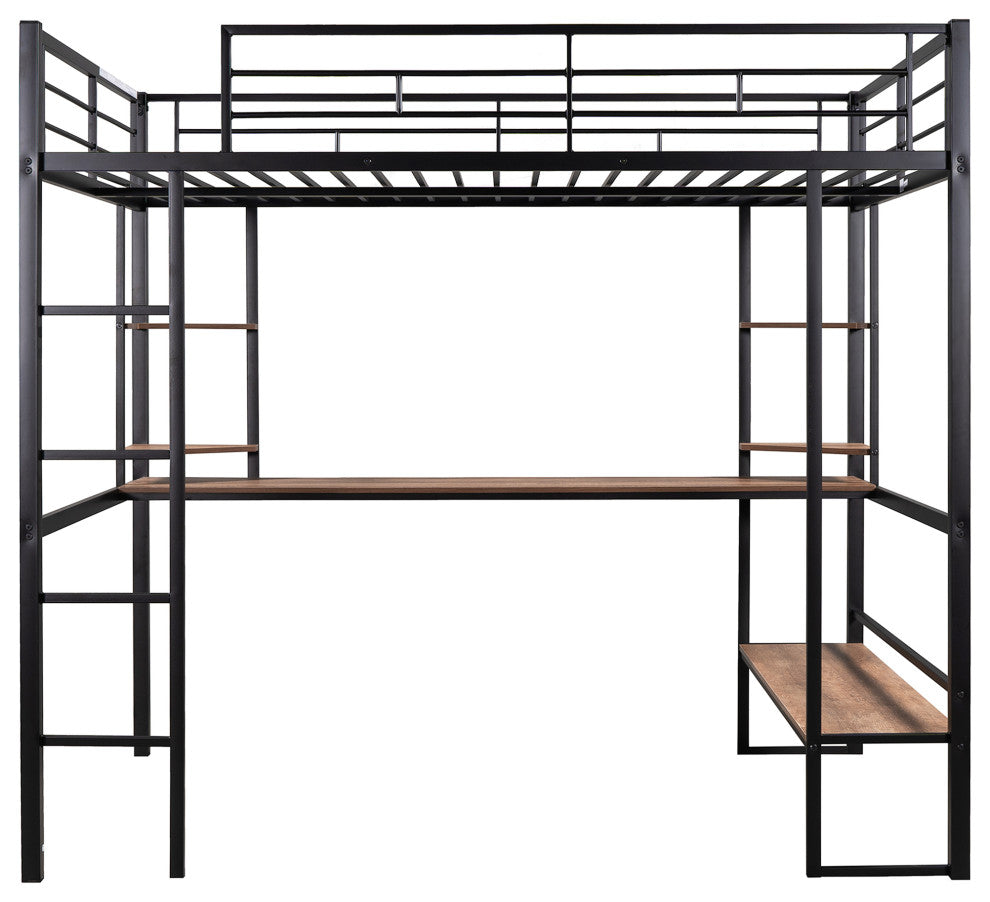 Gewnee Full Size Loft Metal&MDF Bed with Long Desk and Shelves in Black