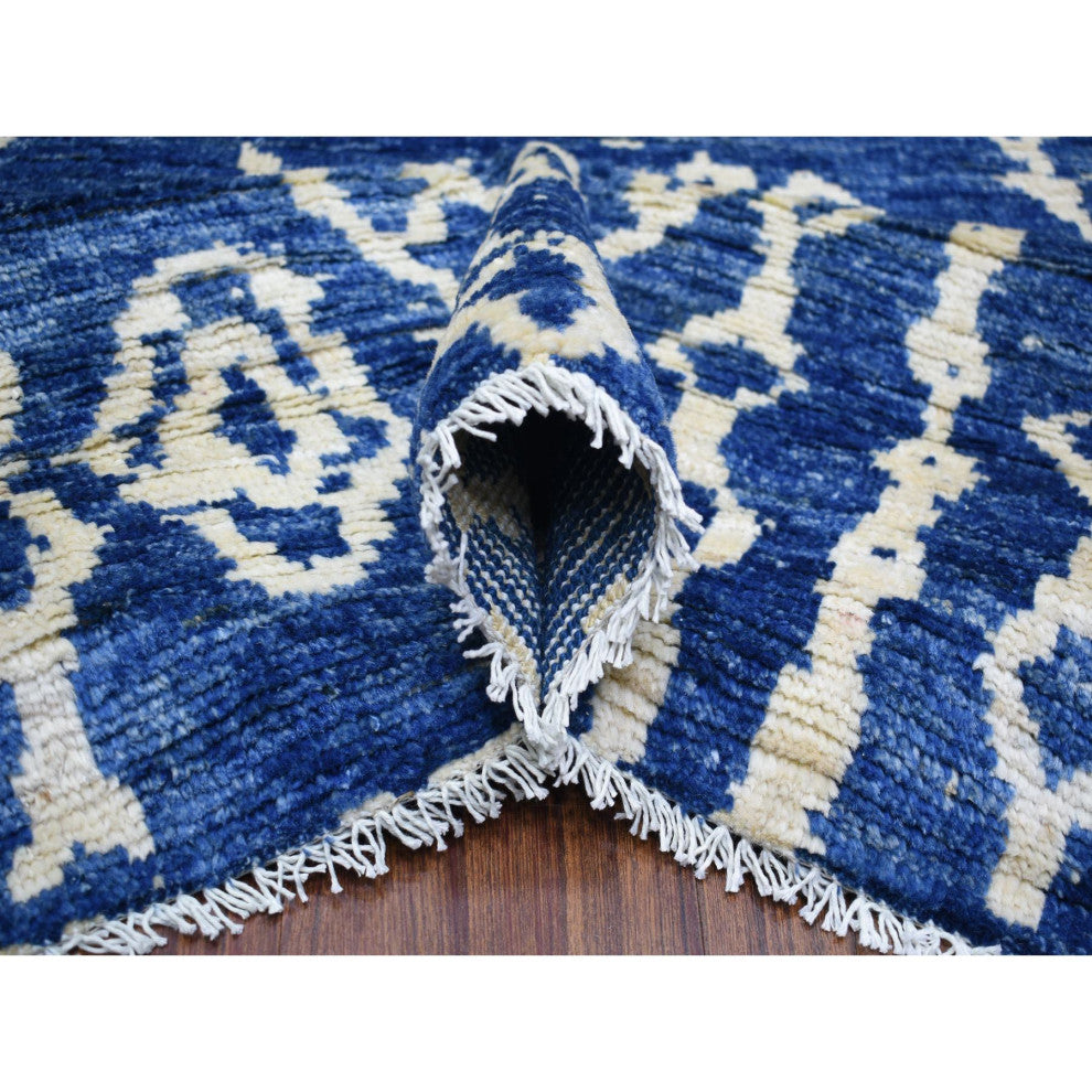 Blue, Hand Knotted, Soft and Shiny Wool, Moroccan Berber Rug, 8'10"x11'5"