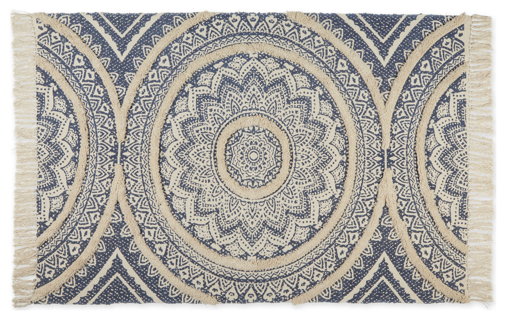 French Blue Printed Natural Hand-Loomed Shag Rug 4x6 ft.