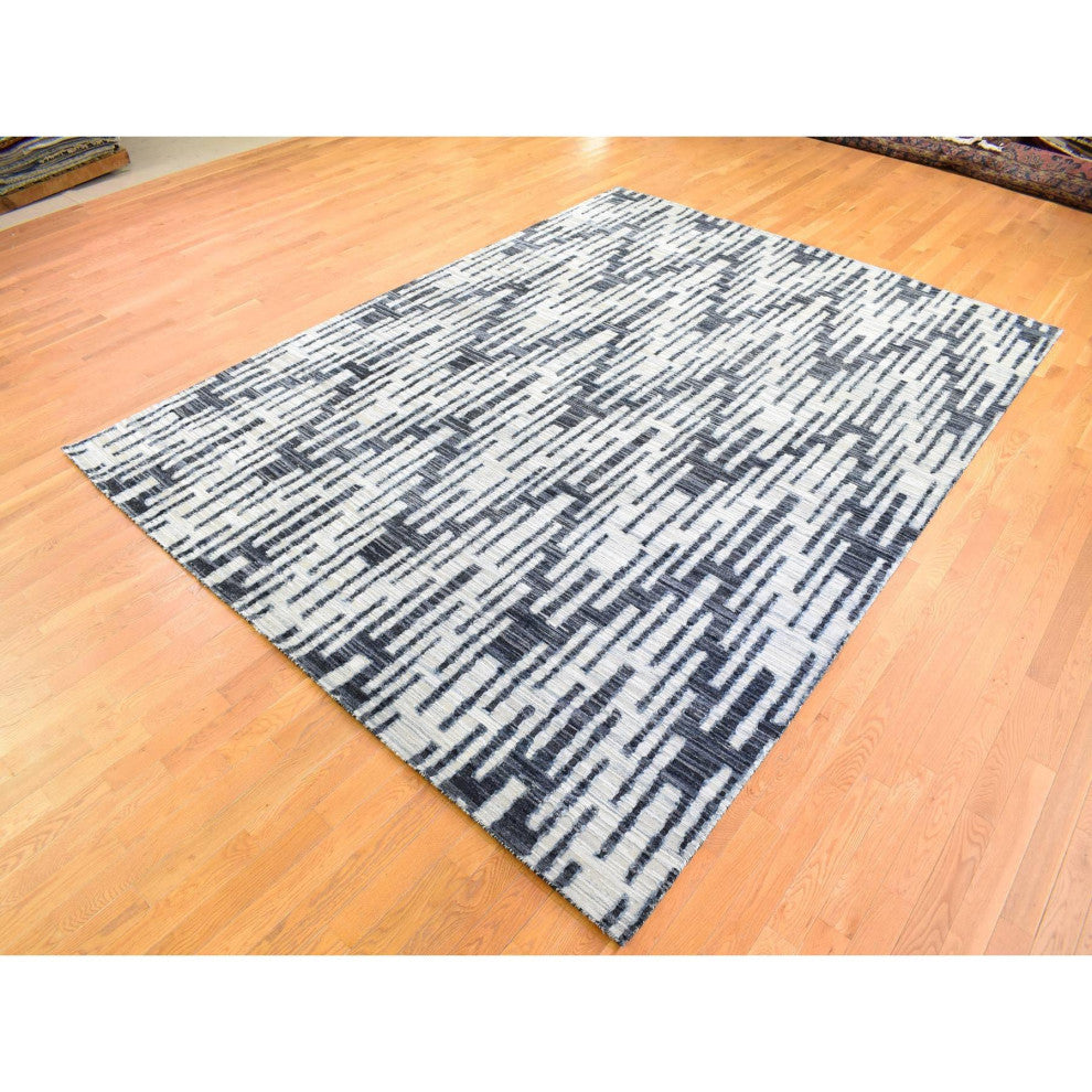 Black and White Zig Zag Design Pure Silk and Textured Wool Rug, 9'0" x 12'0"