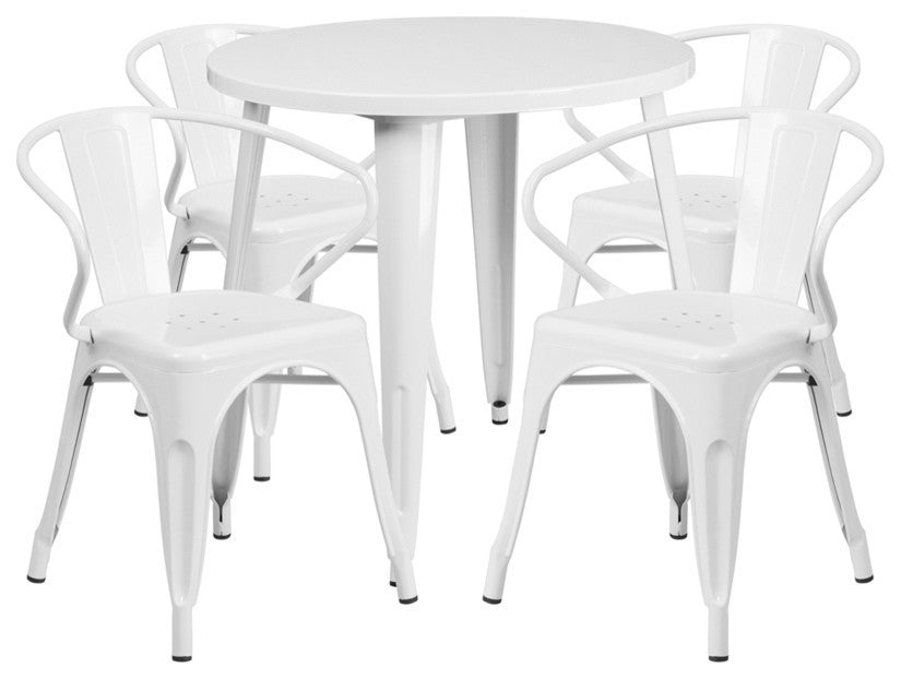 30'' Round White Metal Indoor-Outdoor Table Set With 4 Arm Chairs