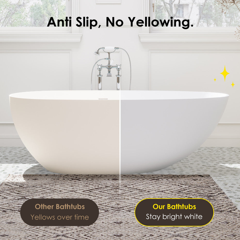 Giotto Flatbottom Freestanding Solid Surface Soaking Bathtub, Matte White, 67inch