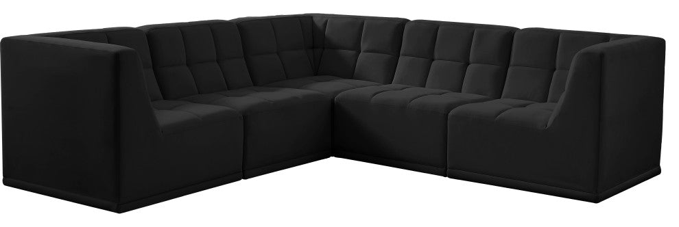 Relax Velvet Upholstered 5-Piece L-Shaped Modular Sectional, Black