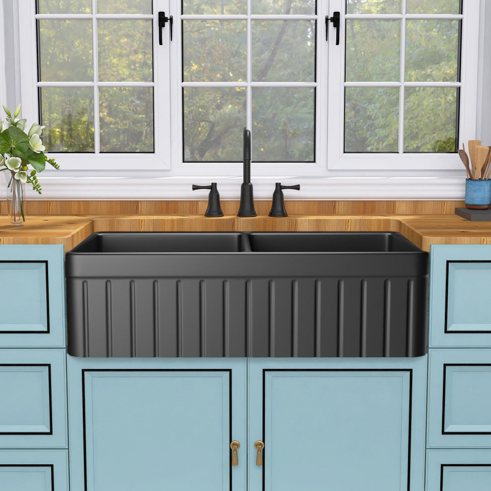 Black Fireclay 33 Inch Double Bowl Farmhouse Apron Front Kitchen Sink