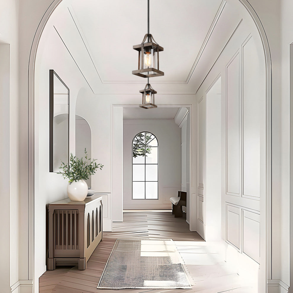 LALUZ 1-Light Antique Brown Wood and Clear Glass Mini Lantern Pendant Lighting