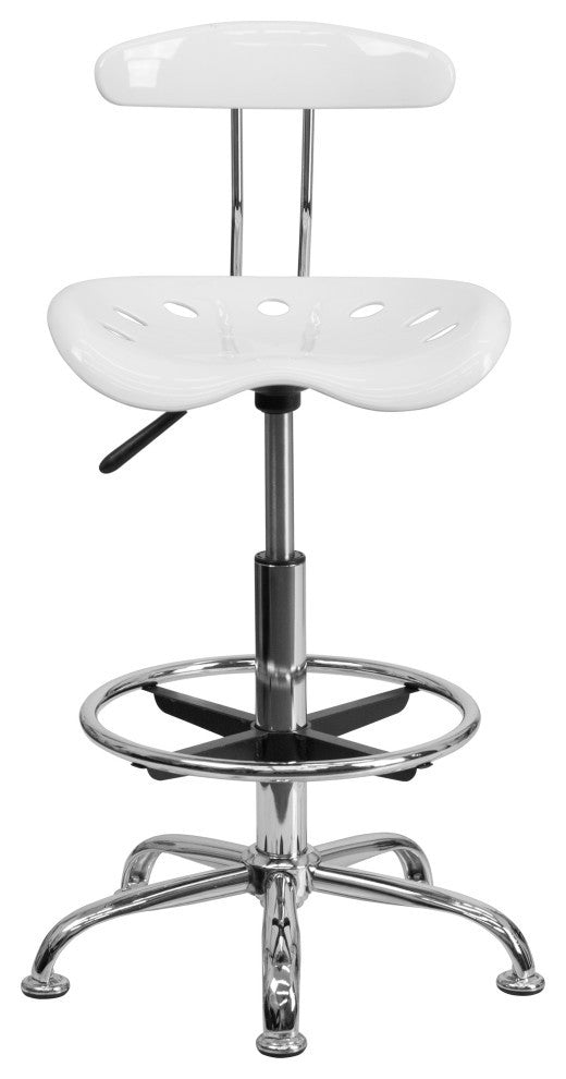 Vibrant White and Chrome Drafting Stool With Tractor Seat