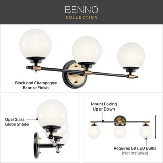 Benno 14.75" 2 Light Vanity With Opal Glass, Black and Champagne Bronze