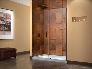 Unidoor 56-57"Wx72"H Frameless Hinged Shower Door, Shelves, Oil Rubbed Bronze