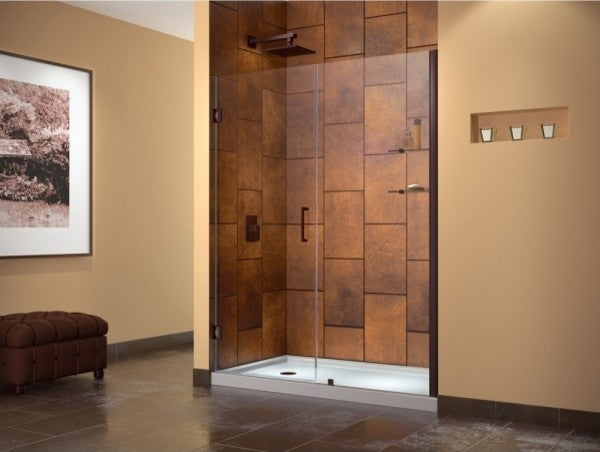 Unidoor 56-57"Wx72"H Frameless Hinged Shower Door, Shelves, Oil Rubbed Bronze