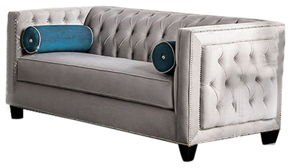 Velvet-like Fabric Love Seat with Button Tufted Design, Gray