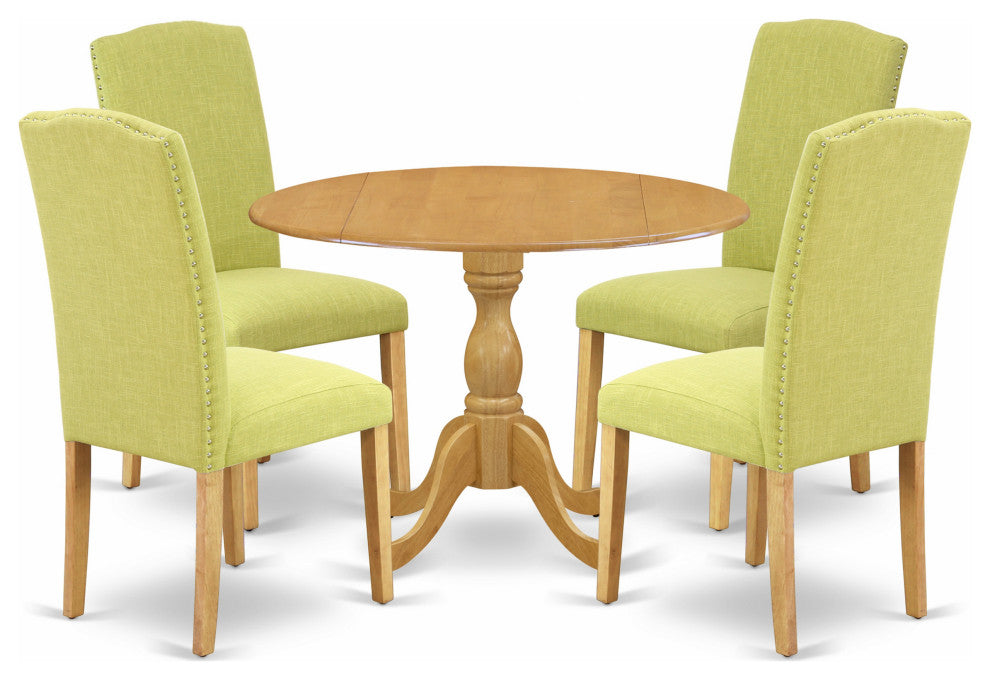 5 Pc Dining Set, Oak Round Table, 4 Limelight Chairs, High Back, Oak Finish