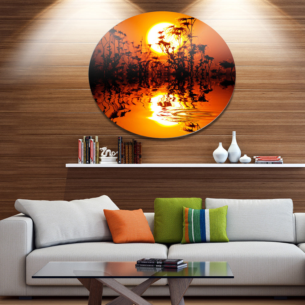 Flowers Silhouette View At Sunset, Landscape Disc Metal Wall Art, 36"