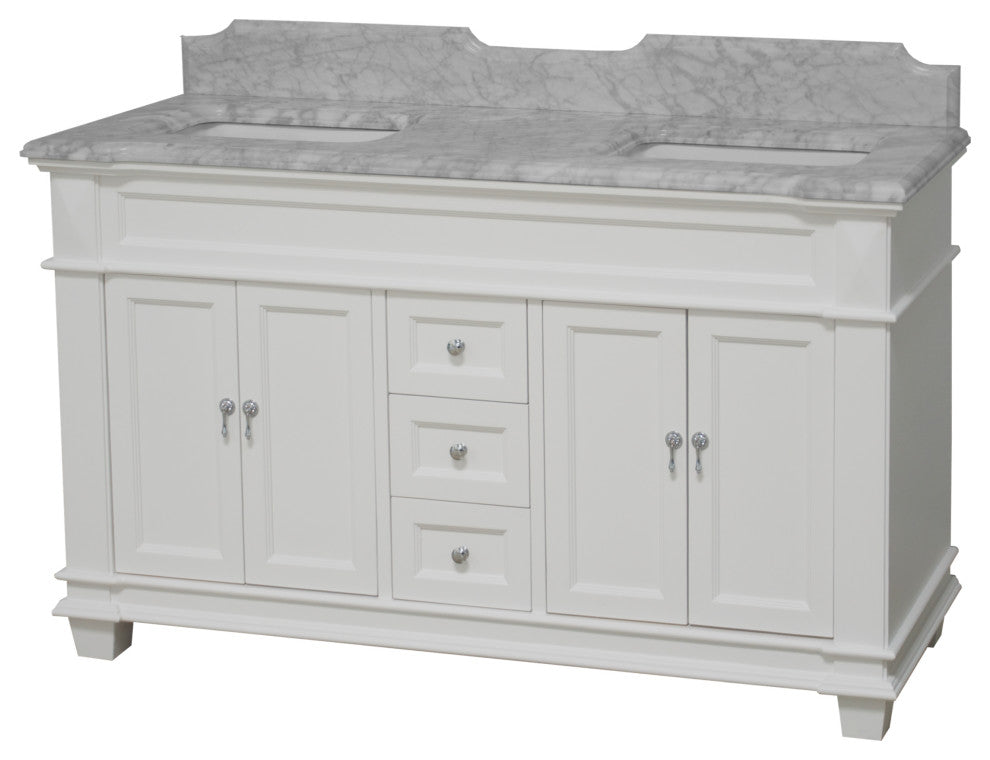 Elizabeth 60" Bathroom Vanity, Base: White, Top: Carrara Marble, Double Vanity