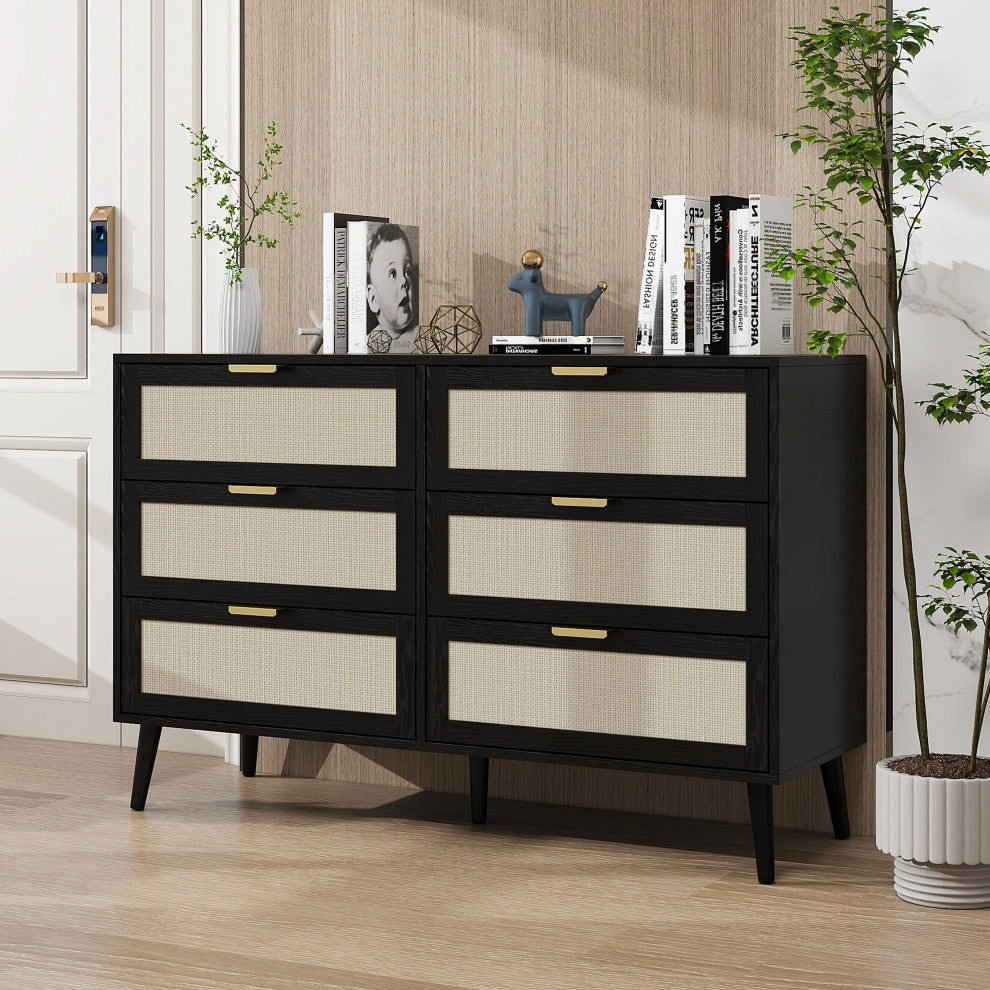 Modern 6 Drawer Dresser Wood Cabinet, Black