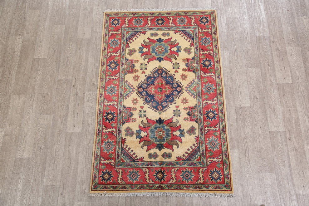 Kazak Oriental Pakistani Traditional Hand-Knotted Area Rug, Beige, 6'1"x4'0