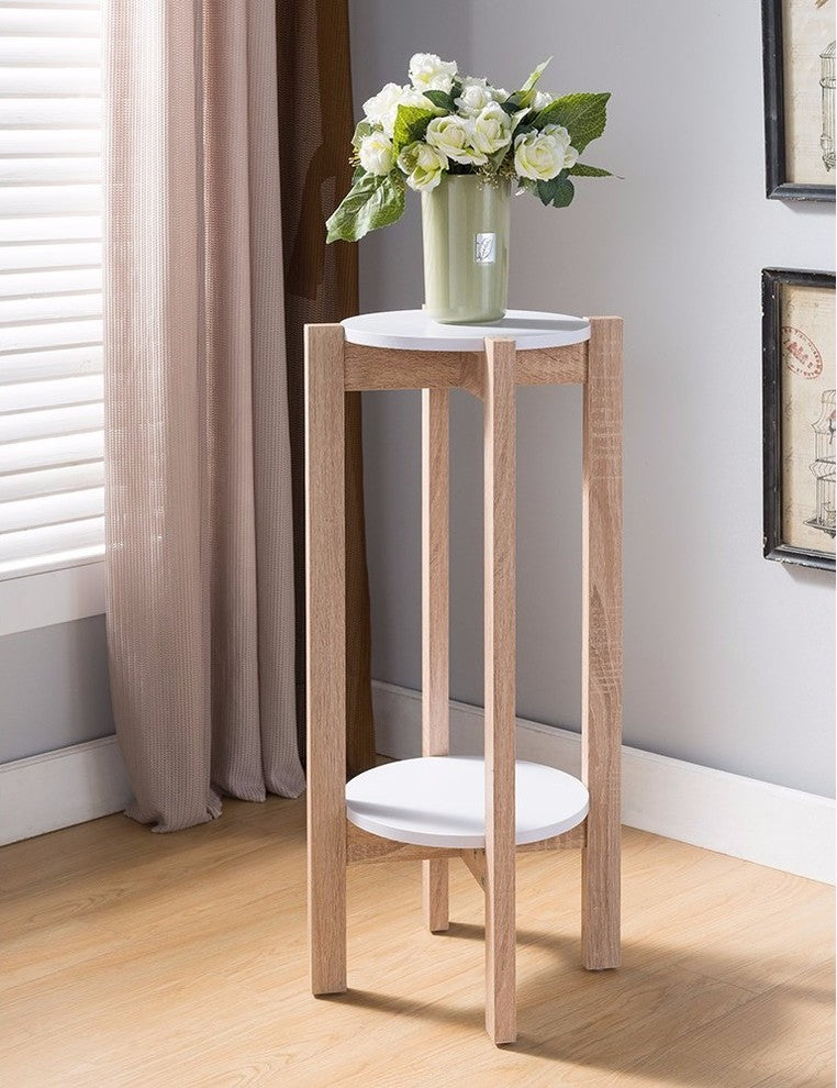 Benzara BM148923 2 Round Shelves Natural Wood Plant Stand, Light Brown & White
