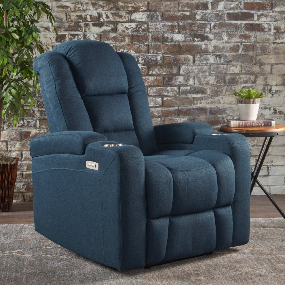GDF Studio Everette Navy Blue Power Recliner With Arm Storage and USB Cord