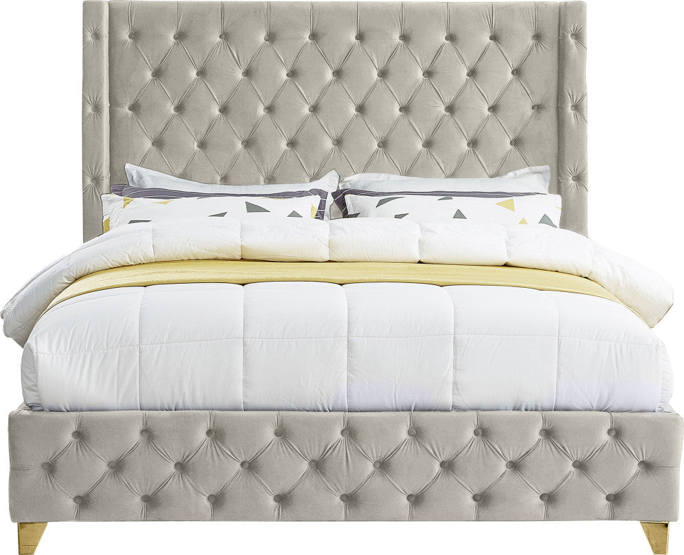 Savan Velvet Upholstered Bed, Cream, King