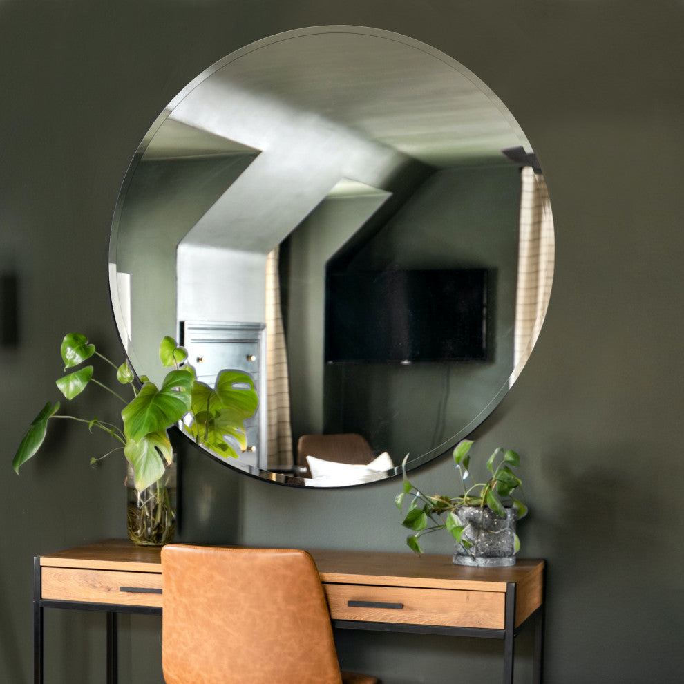 Round Beveled Polished Frameless Wall Mirror With Hooks, 36"