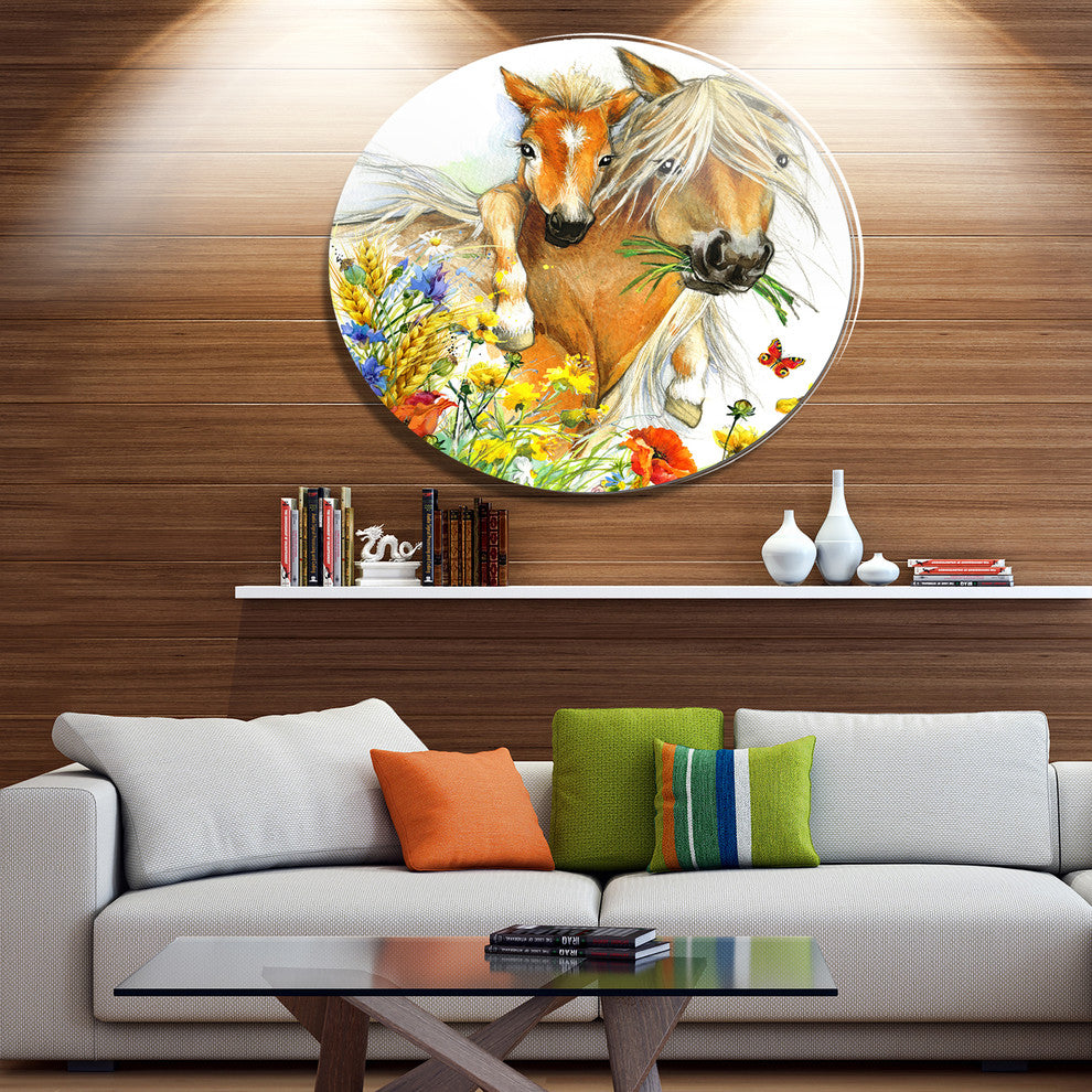 Horse And Foal With Flowers, Animal Disc Metal Artwork, 36"