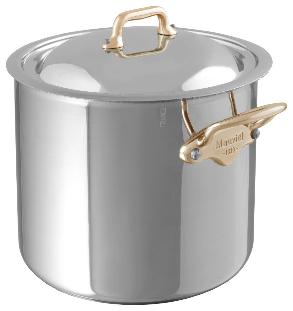 Mauviel M''Cook B Stainless Steel Stockpot With Lid & Brass Handles, 9.7-qt