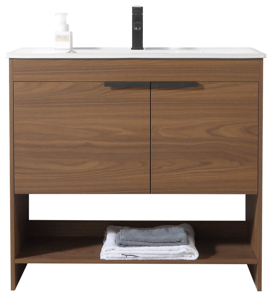 Phoenix Bath Vanity With Ceramic Sink - Full Assembly Required, Walnut, 36 Inch