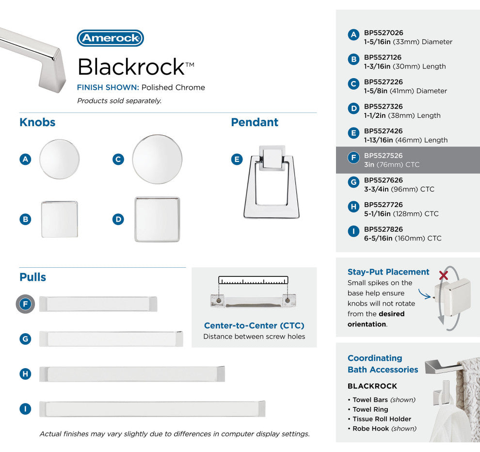 Amerock Blackrock Cabinet Pull, Polished Chrome, 3" Center-to-Center