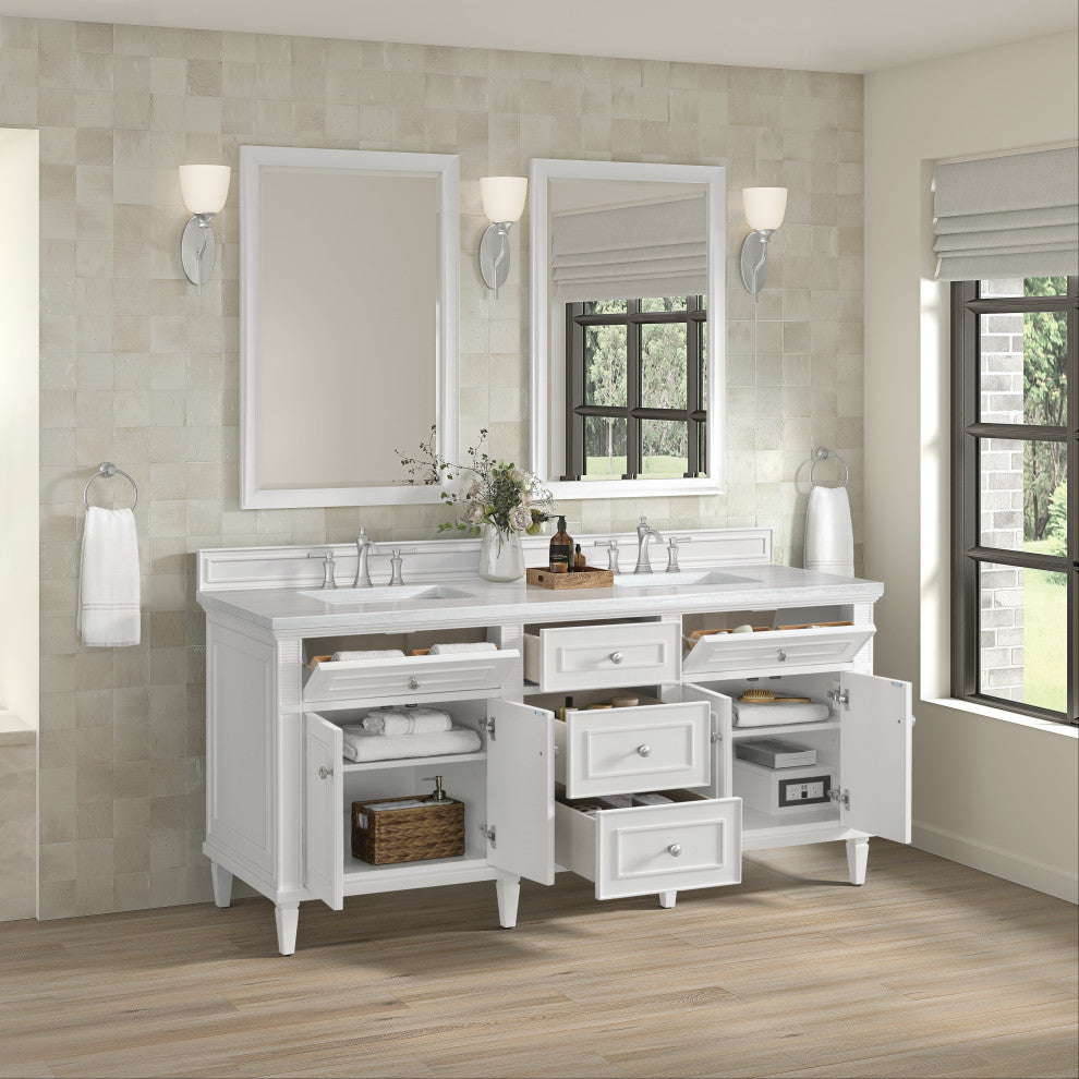 Lorelai 72" Double Vanity, Bright White, 3 CM Arctic Fall Solid Surface Top