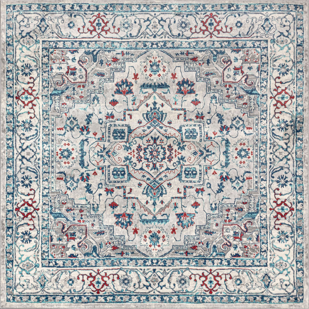 Modern Persian Vintage Medallion Light Grey/Blue 5' Square Area Rug
