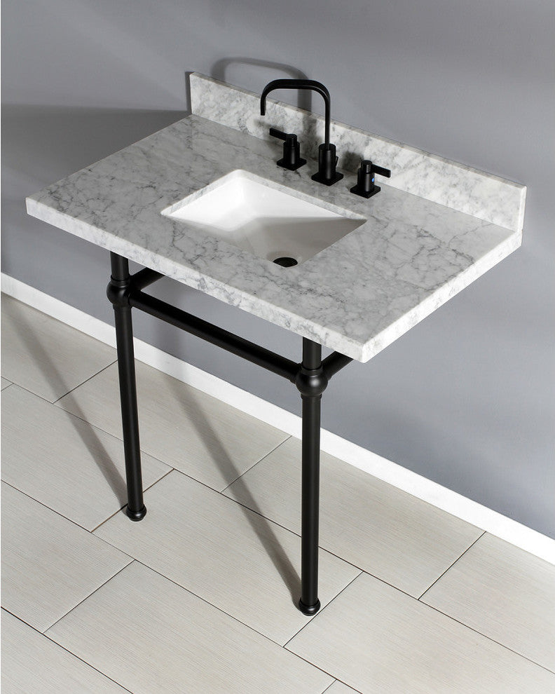 36X22 Carrara Marble Vanity Top w/Brass Console Legs, Carrara Marble/Matte Black