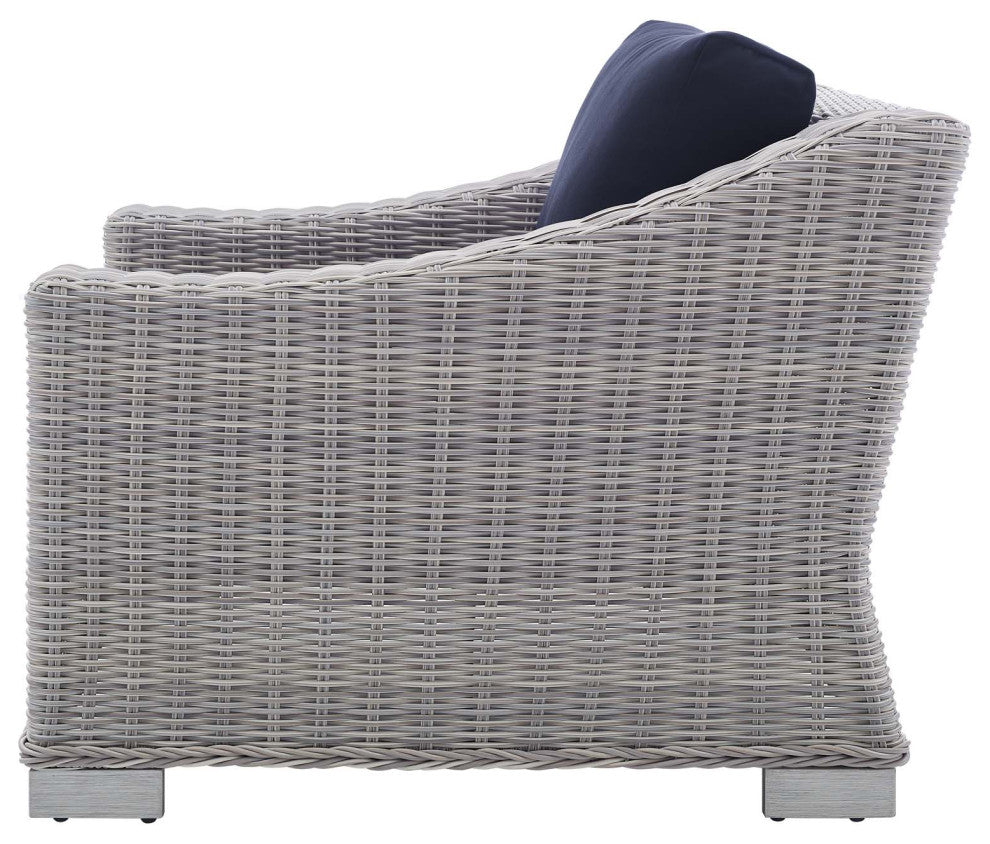 Lounge Sofa Chair Table Set, Rattan, Wicker, Gray Blue Navy, Outdoor