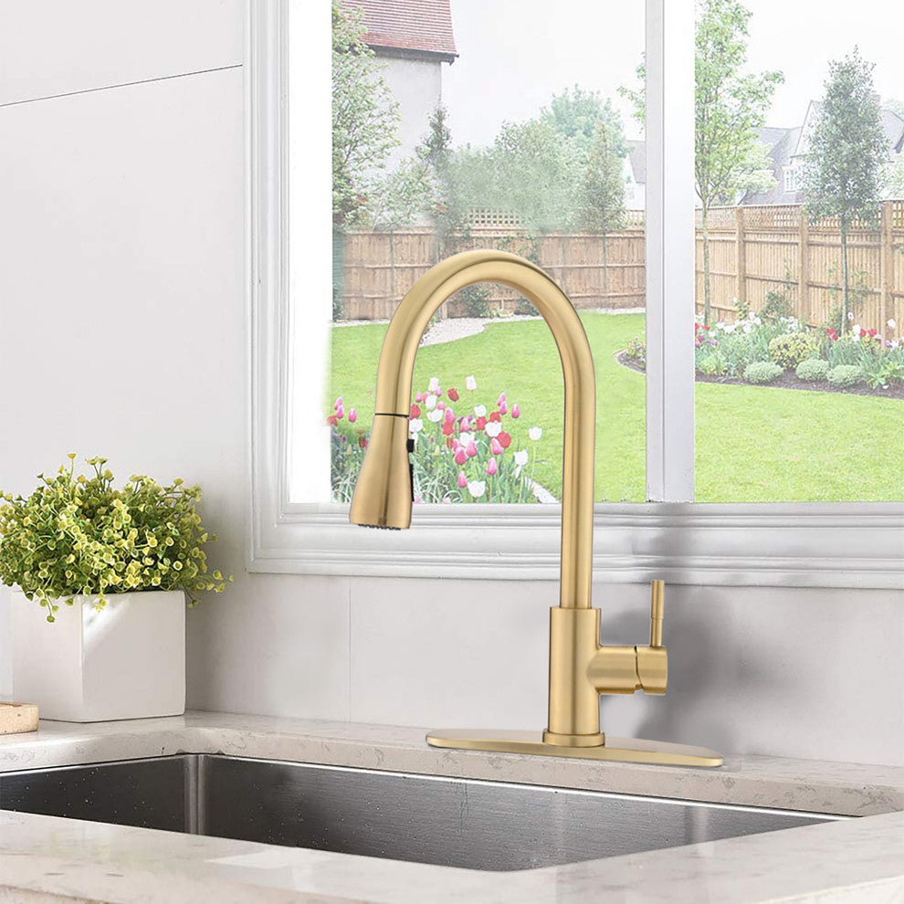 Single Handle Deck Mounted High Arc Pull Down Kitchen Faucet with Sprayer, Brush
