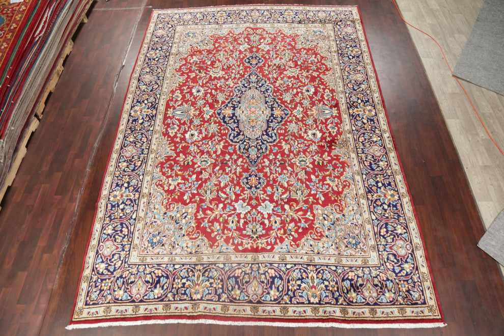 Kerman Oriental Hand-Knotted Traditional Persian Area Rug, Red, 13'7"x9'7