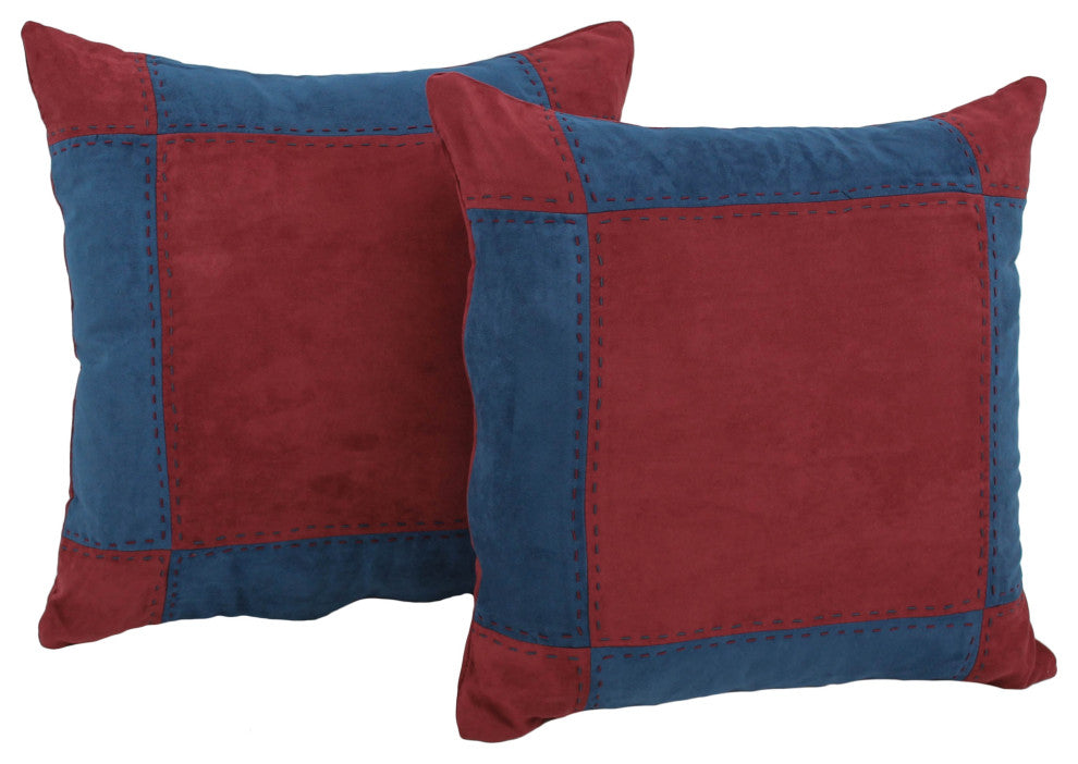 18" Patchwork Microsuede Square Throw Pillows, Set of 2, Red Wine/Indigo