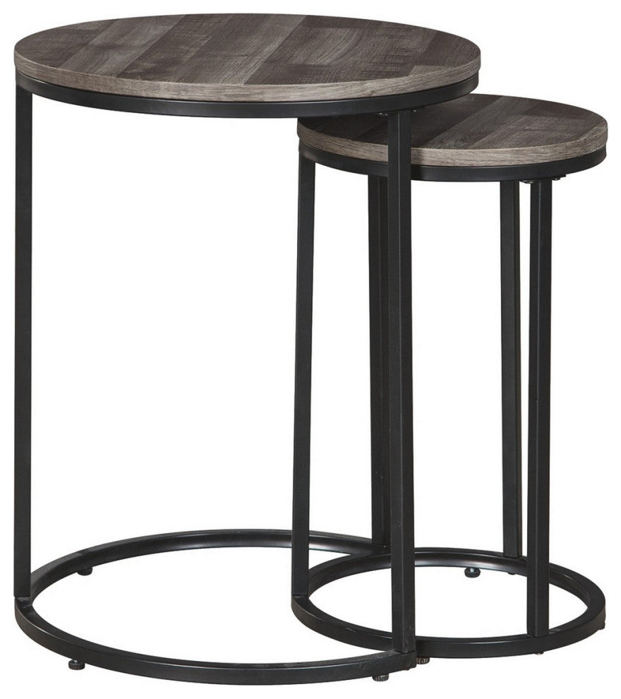 Benzara BM230944 Round Wooden Top Metal Accent Table, 2-Piece Set, Gray/Black