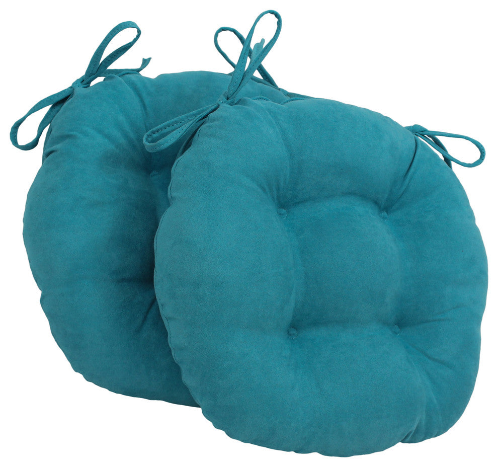 16" Solid Micro Suede Round Tufted Chair Cushions, Set of 2, Aqua Blue