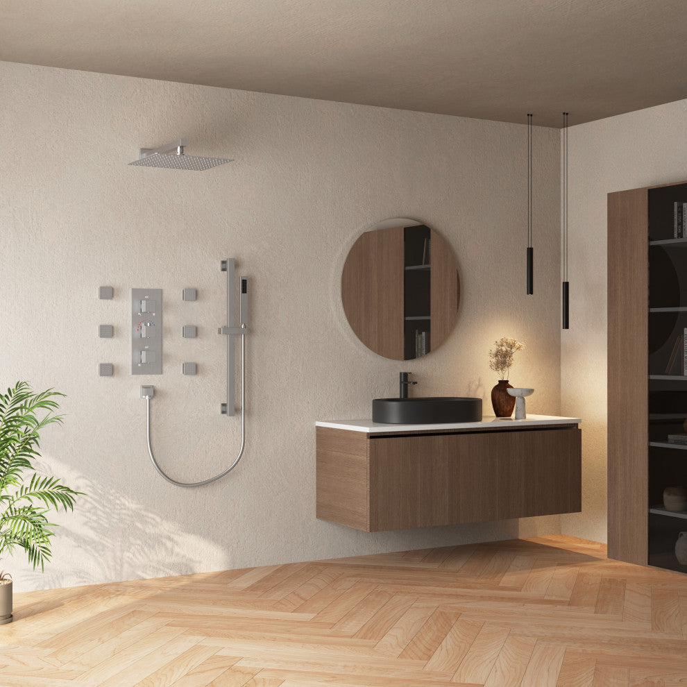 Thermostatic Shower Faucet 12" Rain Shower Head with Handheld Slide Bar System, Brushed Nickel