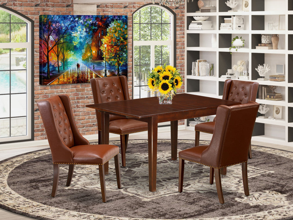 5Pc Dinette Set, 1 Butterfly Leaf Rectangular Table, 4 Brown Chair, Mahogany