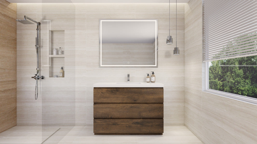 Alston 48" Free Standing Modern Vanity, Rosewood, Glossy White Top