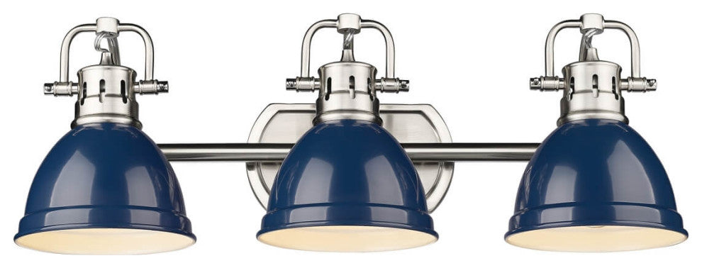 3 Light 25" Bath Vanity Light, Pewter With Navy Blue Shade